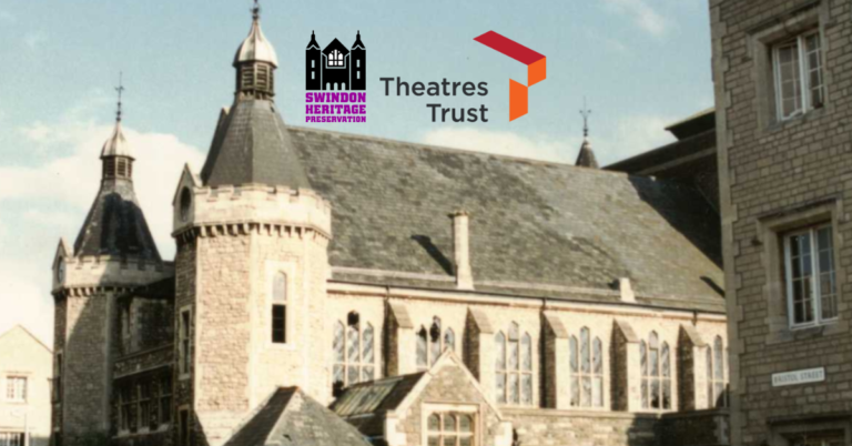 A picture of the Mechanics' Institute with both the Swindon Heritage Preservation and the Theatres Trust logos.